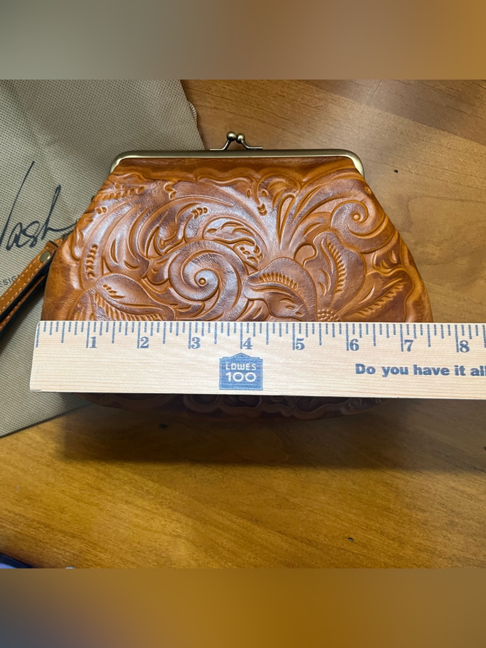 Patricia Nash Savena Burnished Tooled Leather Kiss-Lock Wristlet in Cognac Brown - Picture 7 of 9